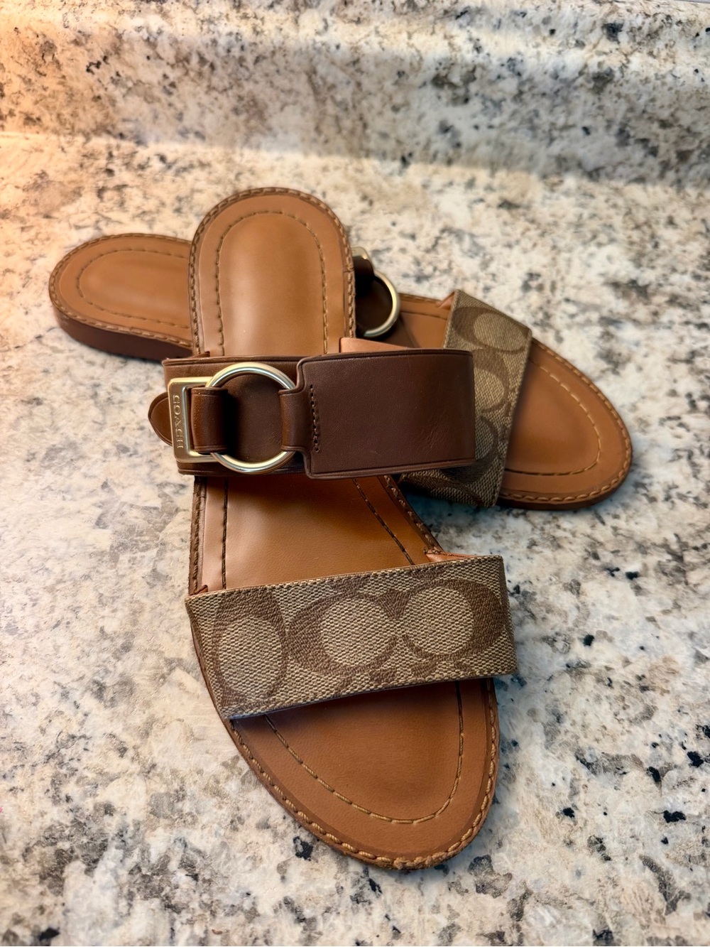 Coach Brown Leather Signature Canvas Slide Sandals Gold Hardware Hallie